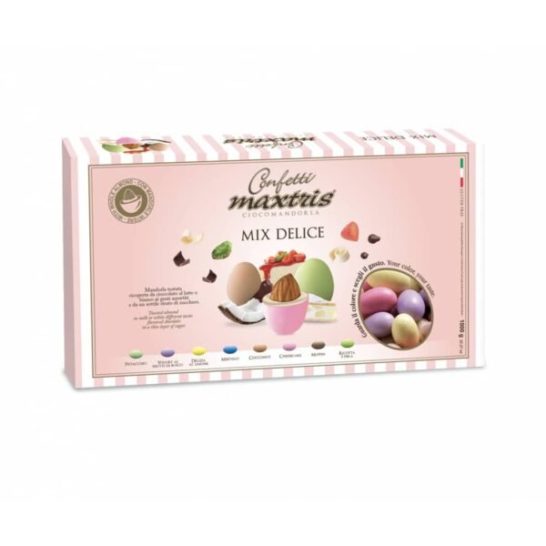 Confetti Maxtris Mix Delice (1 KG): mandorla tostata ricoperta da 8 gusti assortiti e colorati. Perfetti per ogni evento. Dai un tocco di colore alla tua confettata!