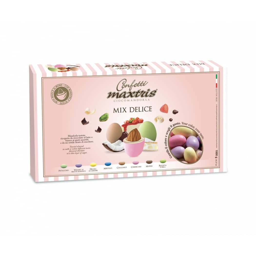 Confetti Maxtris Mix Delice (1 KG): mandorla tostata ricoperta da 8 gusti assortiti e colorati. Perfetti per ogni evento. Dai un tocco di colore alla tua confettata!
