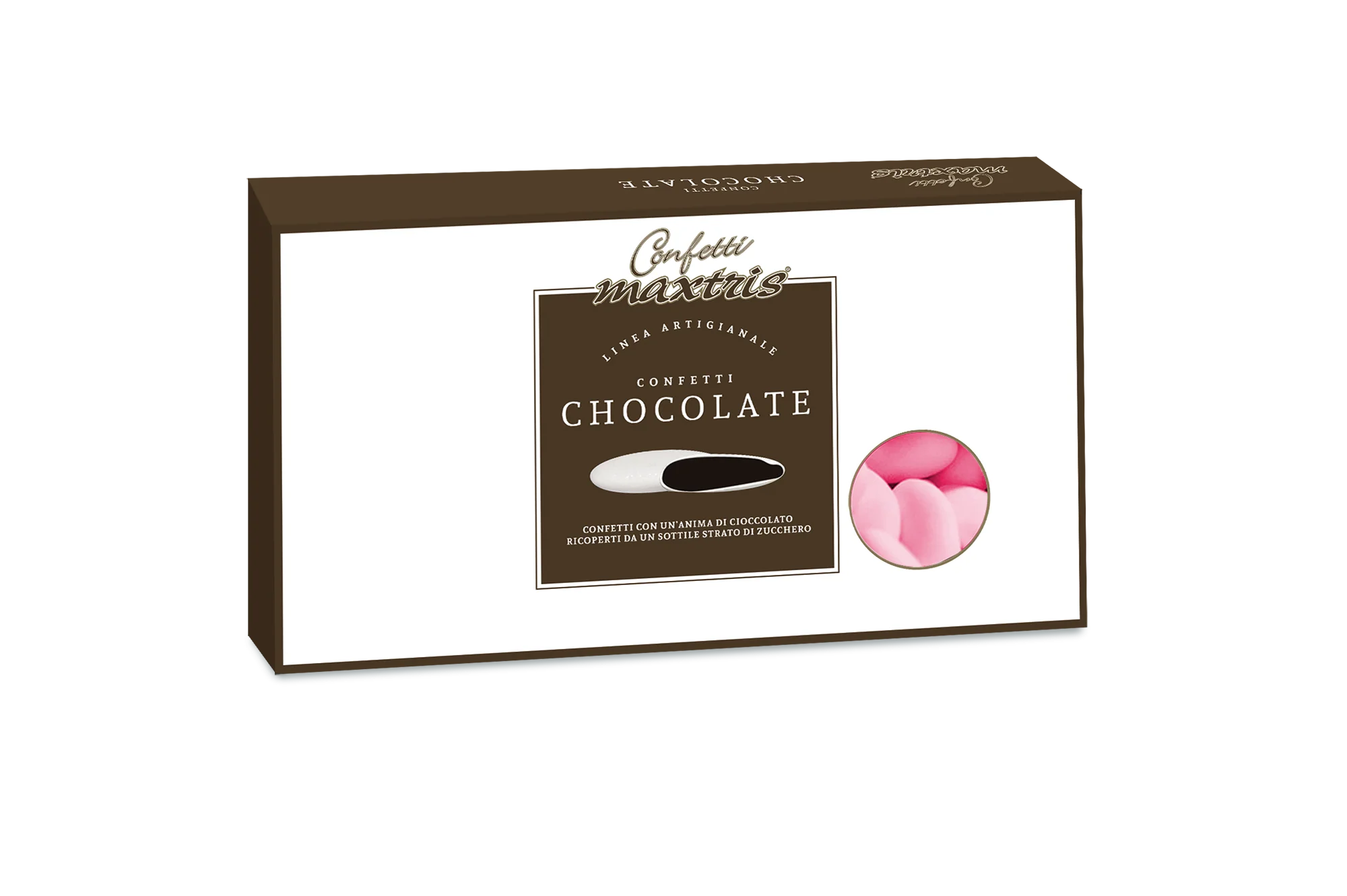 Confetti Maxtris al cioccolato fondente (45%) e guscio rosa, perfetti per Battesimi, Comunioni e tutti gli eventi. Senza Glutine. Vassoio 1 KG.