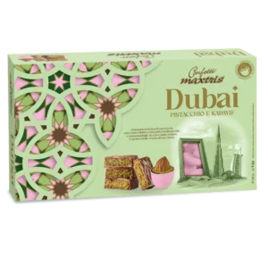 Confetti Maxtris Dubai Rosa (500g): mandorla con cioccolato al pistacchio e kadayif. CONTIENE GLUTINE.