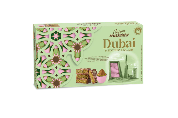 Confetti Maxtris Dubai Rosa (500g): mandorla con cioccolato al pistacchio e kadayif. CONTIENE GLUTINE.