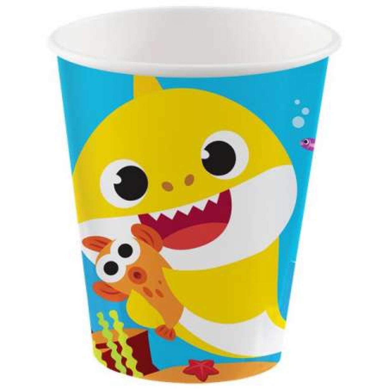 8 Bicchieri Baby Shark in Cartoncino $250 \text{ ml}$ - Festa a Tema per Bambini